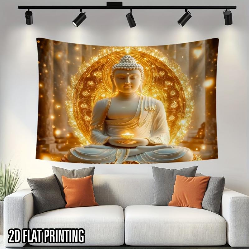 VIKAMA Gilded Buddha Light Buddha Tapestry Zen Lotus Seat Background Cloth Living Room Background Wall Room Decoration