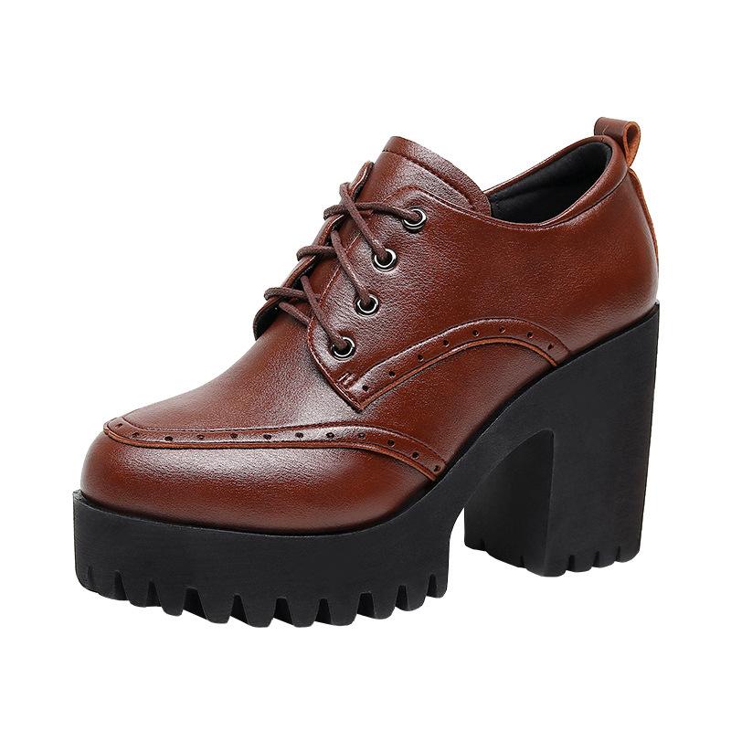 Brogue Damenschnürschuhe im britischen Stil aus Leder mit klobigen Absätzen, High Heels, wasserdichter Plateau-Sohle, runder Spitze, tiefem Ausschnitt