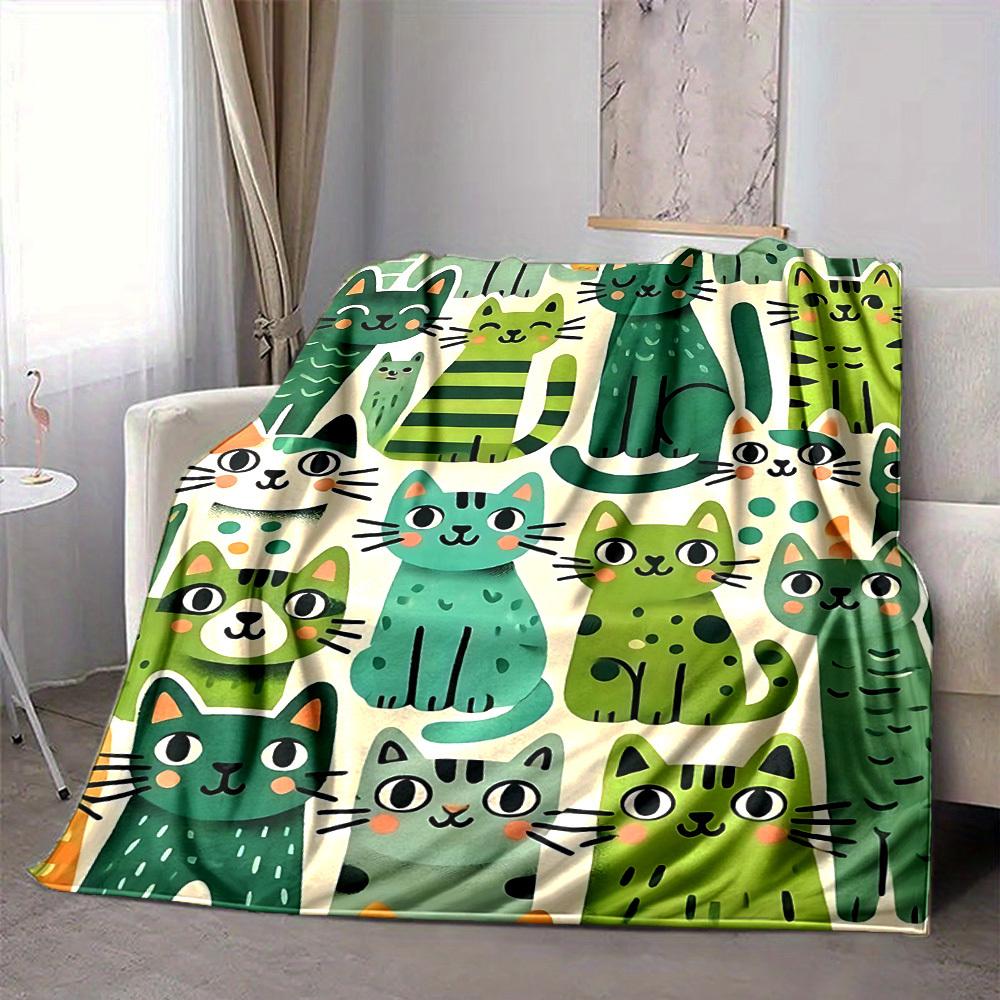 

1pc Cat Green Print Blanket Lightweight Flannel Throw Blanket For Sofa, Bed, Living Room, Office, Outdoor Travel, Camping 80cmx120cm