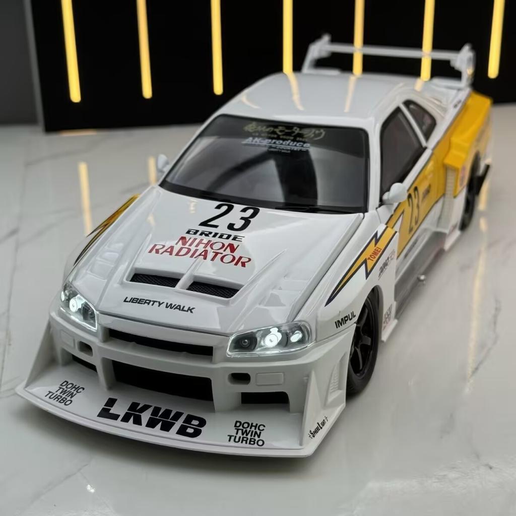1/18 Silvia Skyline Ares GTR R34 Alloy Modified Wide Body Sports Car Model Diecast Raing Car Vehicle Model Sound Light Kids Gift