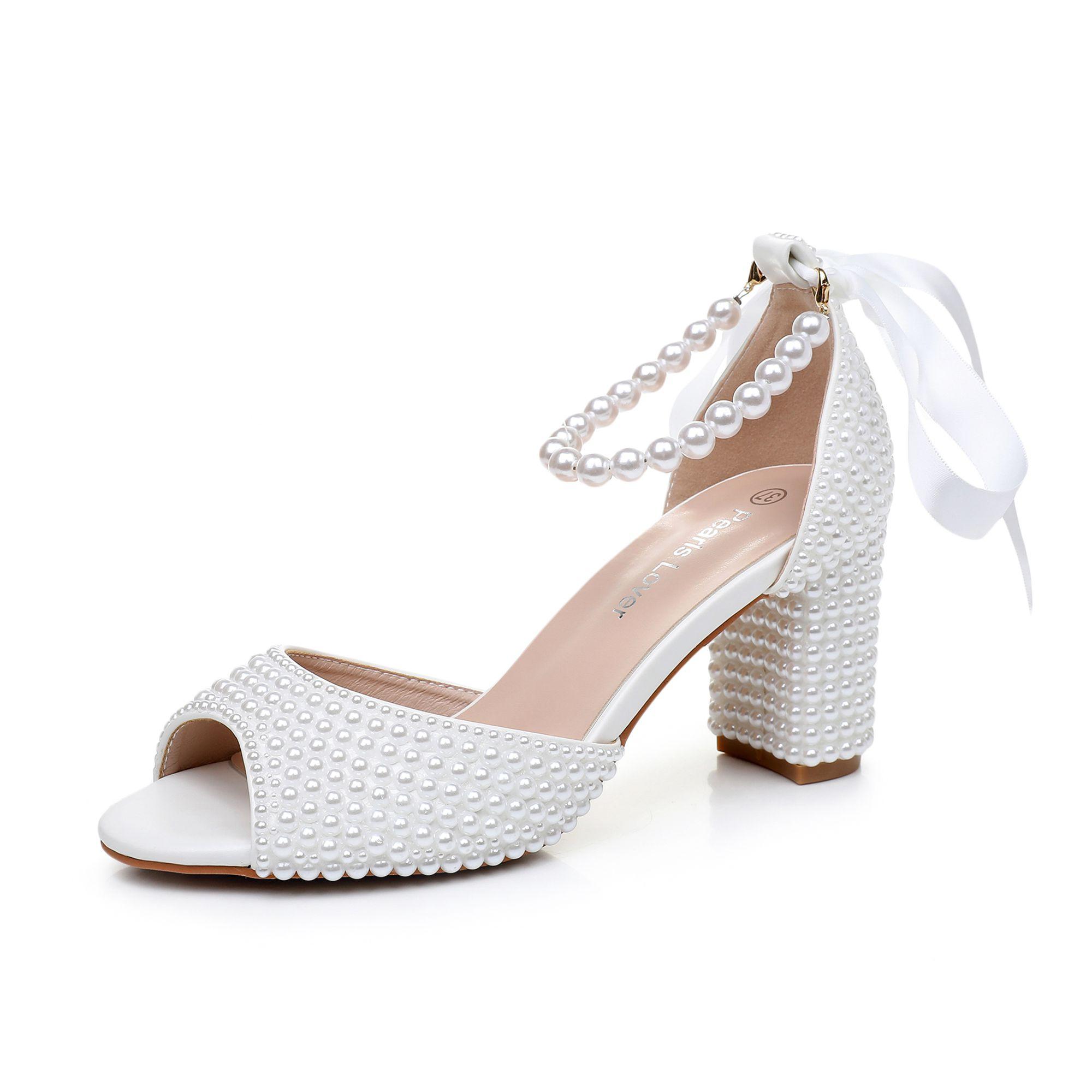 

Летние женские туфли Crystal Queen White LacePu Pearl с ремешком и квадратным ремешком для вечернего платья, сандалии для невесты, вечерние туфли на высоком каблуке 42