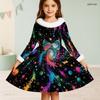 Girls Long Sleeve Colorful Printed Dress Furry Collar Furry Cuffs A Line Flared Hem