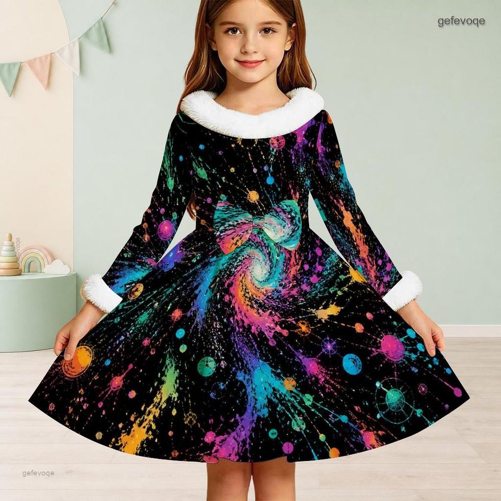 Girls Long Sleeve Colorful Printed Dress Furry Collar Furry Cuffs A Line Flared Hem