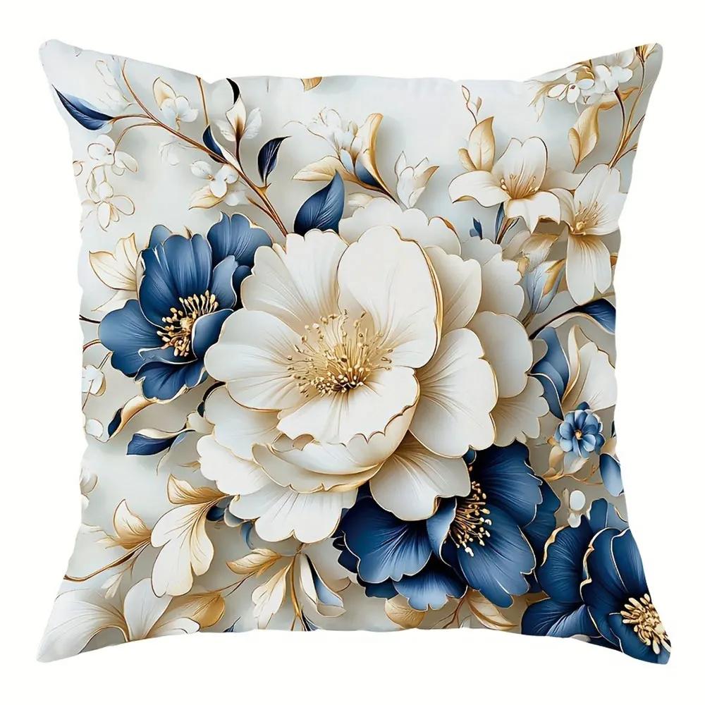 Modrý a Bílý Zlacený Květinový Vzor Domácí Dekorace Povlak na Polštář Obývací Pokoj Pohovka Polyesterový Povlak na Polštář se Zipem