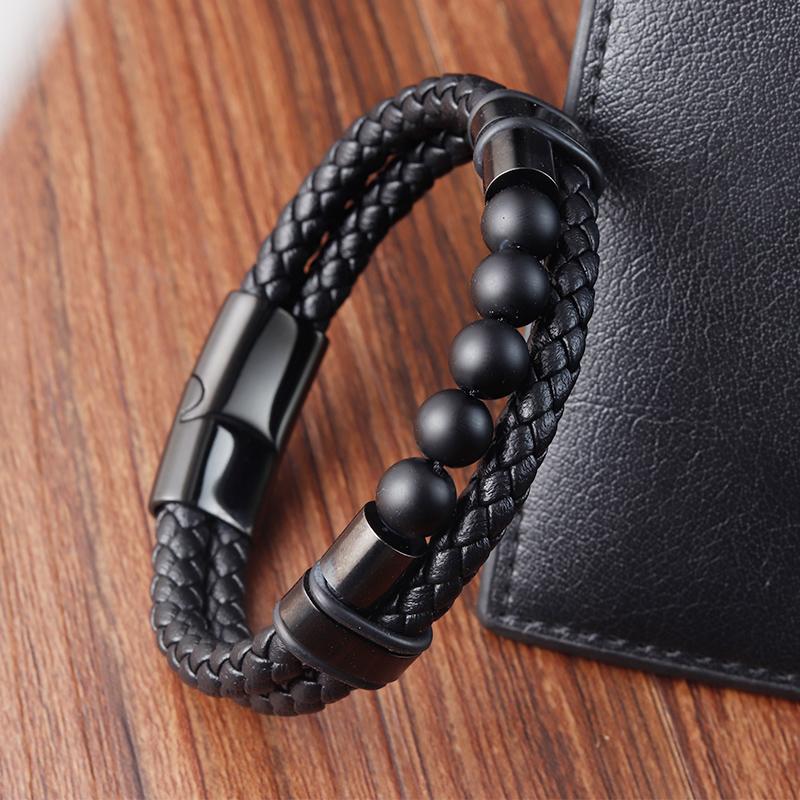 Men's Beaded Leather Bracelet Natural Stone Black Beads Multilayer Rope Stainless Steel Magnetic Clasp Wristband Male Jewelry