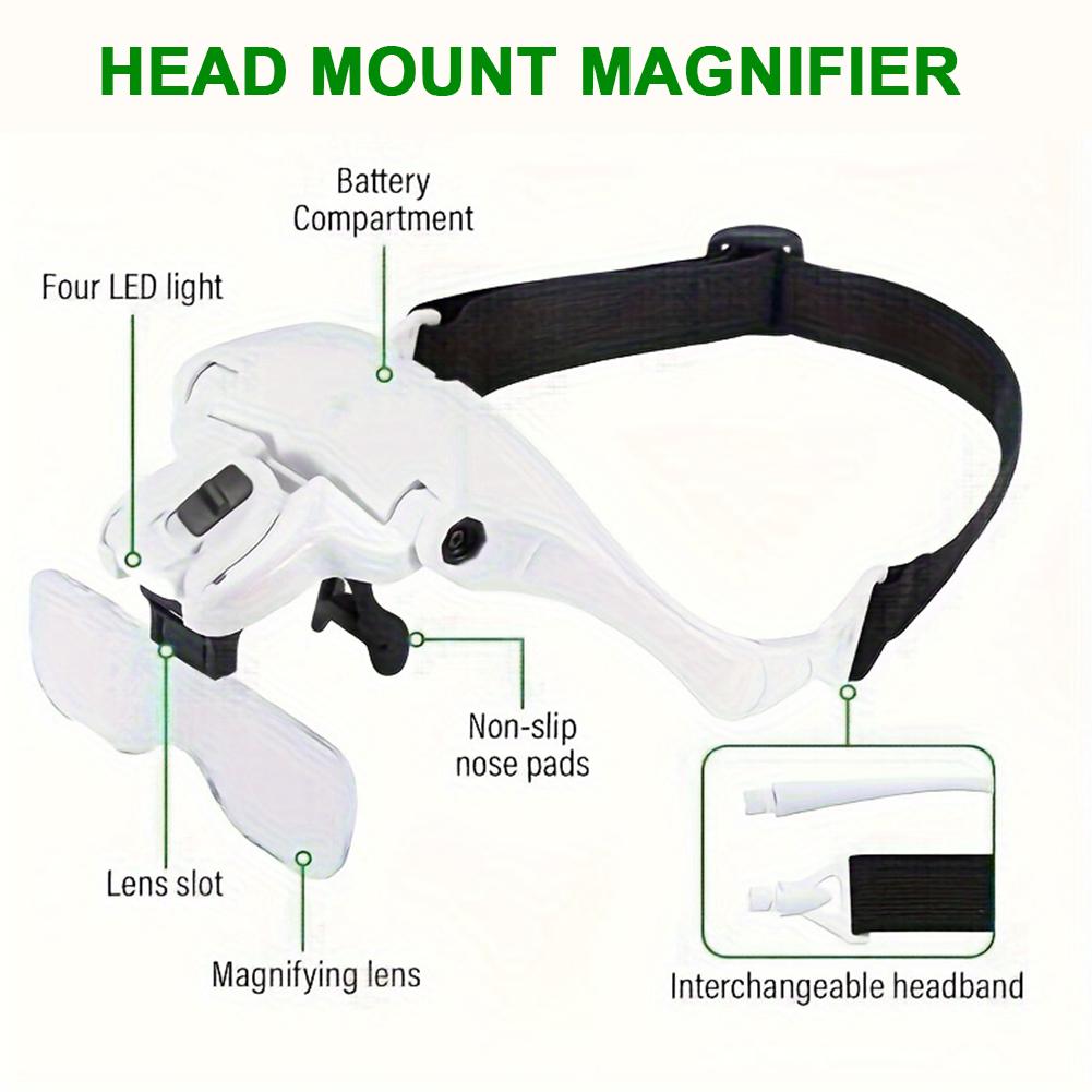LED Head Magnifier 5 Interchangeable Lenses 1.0X To 3.5X Lighted Magnifying Glasses Battery Powered Head Mount Magnifying Glass