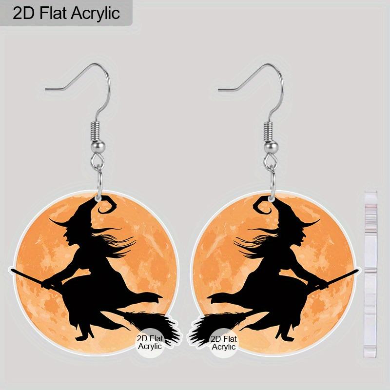 2D Flat Acrylic Halloween Witch Riding Broom Pendant Earrings, Suitable As A Holiday Gift for Women, Holiday Party Decoration Jewelry.