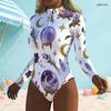 Women Plus Size White High Neck Front Zip Long Sleeve One Piece Printed Swimsuit