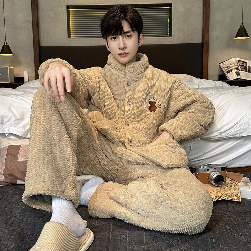 

Мужской зимний пижамный комплект из утолщенного бархата со стёганым лифом – тёплая домашняя одежда из флиса для использования в помещении и на улице 2XL