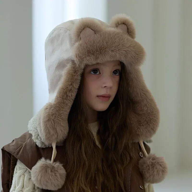 

Зимняя мультяшная шапка с ушками медведя и ягненка, теплые утолщенные шапки для защиты ушей для женщин и девочек Kawaii кофейный