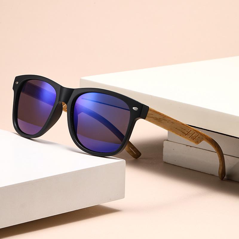Men's Retro Wood Grain Square Sunglasses with Spring Hinge and Color Film Lenses