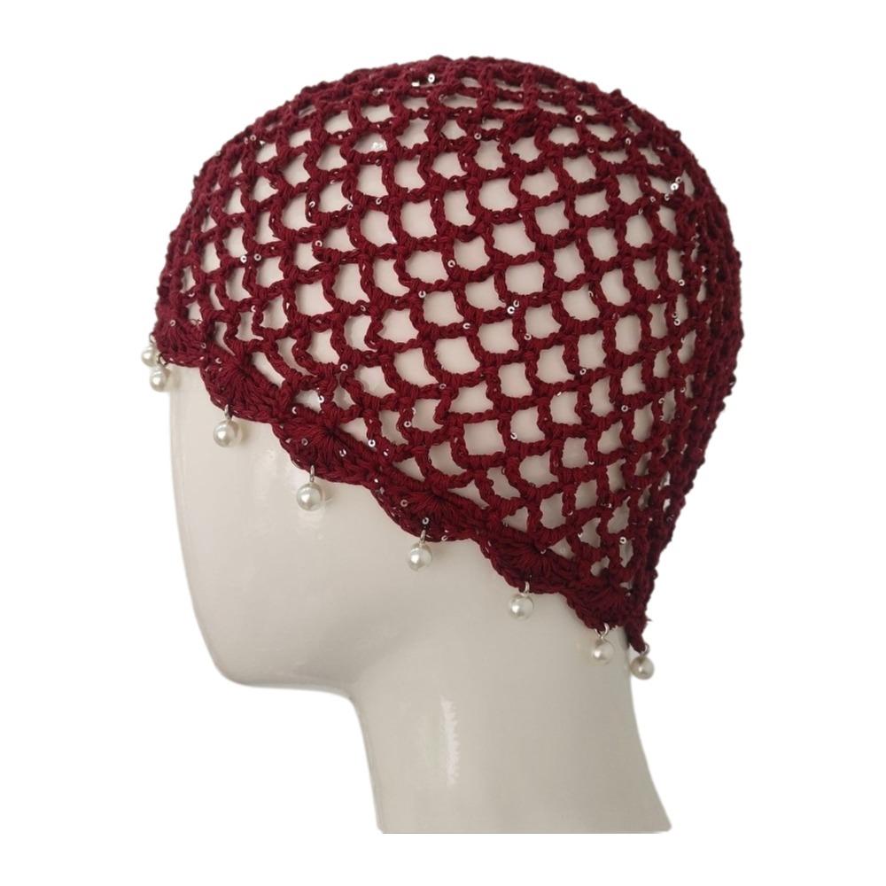 

Beads Tassels Crochet Hollow Knitted Hat Bohemian Style Ethnic Style Hat Apparel Accessories червоний