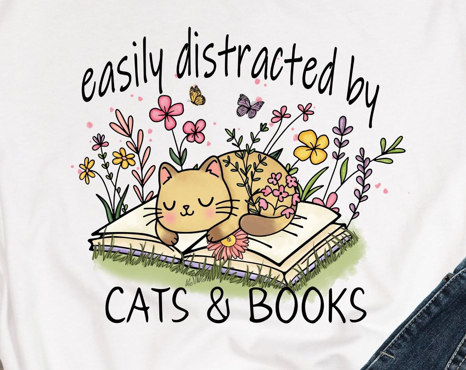 Easily distracted by Cats and books, book readers tshirt, readers shirt, fun tee, book lover gift XL