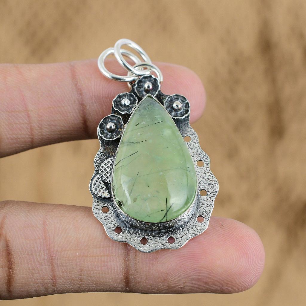 Easter Sale Pear Moss Prehnite Gemstone Sterling Silver Daughter Trendy Pendant