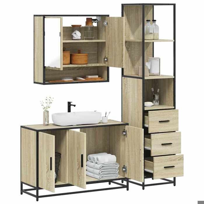 VidaXL Ensemble de meubles de salle de bain 3 pcs chêne sonoma, armoire de rangement, armoire de bain, meuble de toilette 3301161