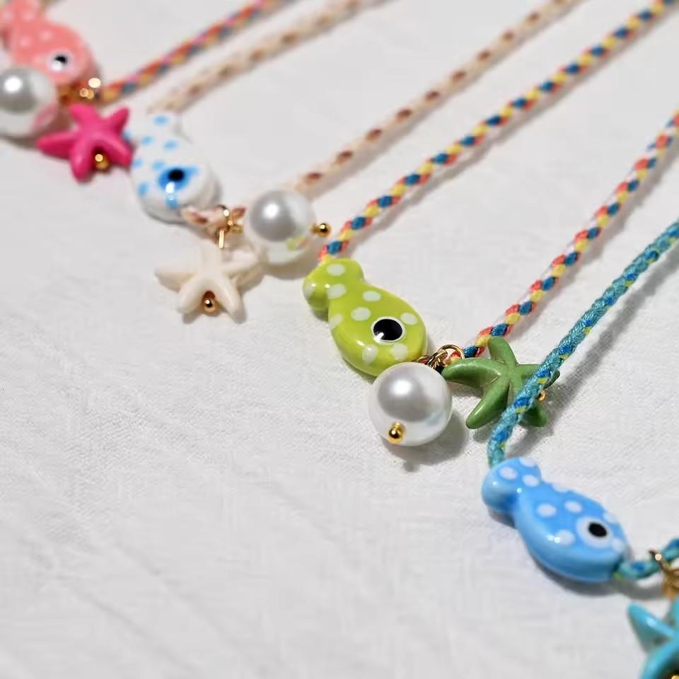 Colorful Bohemian Ceramic Fish Pendant Necklace for Women Adjustable Multicolored Rope Choker Jewelry for Summer Beach Vacation