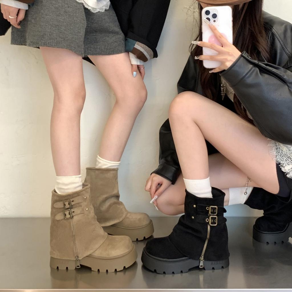 New retro thick-soled trouser boots women's double buckle straps increase height and show thinness small versatile Martin short boots