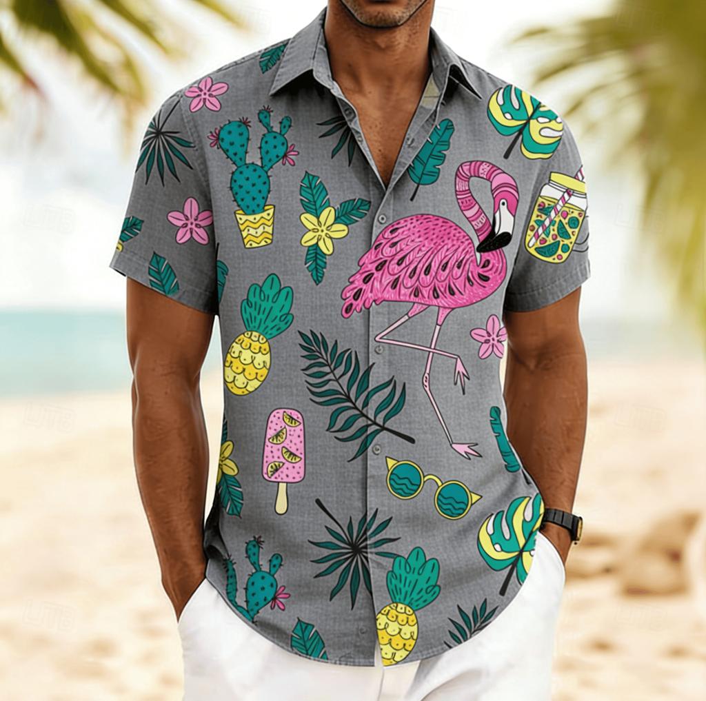 Men's Flamingo Tropical Fruit Print Short Sleeve Shirt, Spring Summer Fun Hawaiian Vacation Blouse, Loose Casual Top
