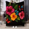 Black Background Floral Butterfly Fleece Blanket Bright Hibiscus Leaf Pattern Cozy Cover Camping Office Living Room Daily Use