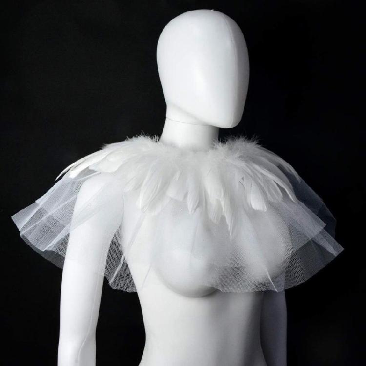Women's Feather Double Layer Mesh Shrug Capes Shawl False Collar Witch Cosplay Costumes for Halloween Carnivals Party