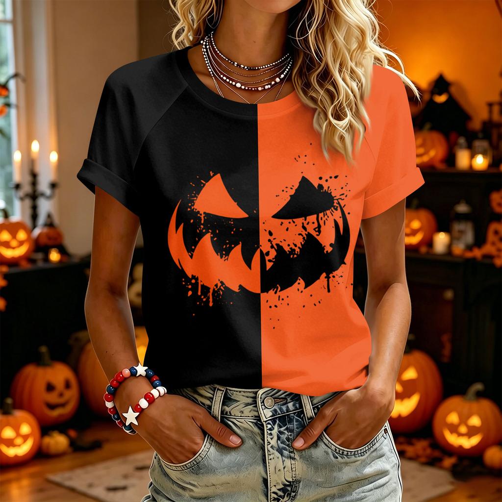 Women Casual Halloween Graphic T Shirt Short Sleeve Top Pumpkin Face Print Split Design Lightweight Comfortable Fit