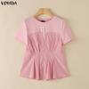VONDA Women O-Neck Short Sleeve Blouse Casual Patchwork Pleated Peplum Tops