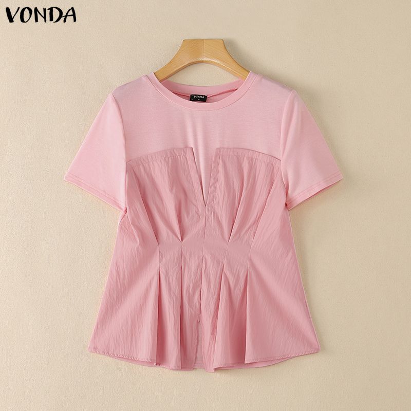 VONDA Women O-Neck Short Sleeve Blouse Casual Patchwork Pleated Peplum Tops