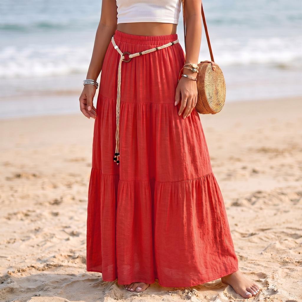 Gonna Maxi da Donna Casual a Vita Elastica, con Volant, Leggera in Cotone e Lino, Lunga, per Vacanze e Mare, Design a Linea A