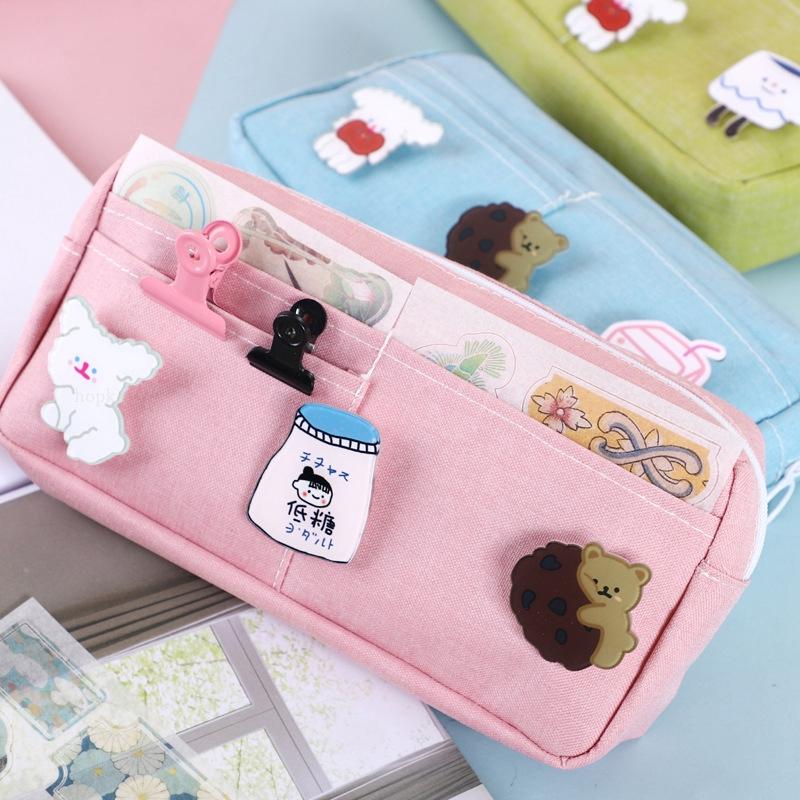 Kawaii lilla lerret blyantveske Søt dyremerke Rosa blyanthus Store skoleblyantvesker for Maiden Girl skrivesaker