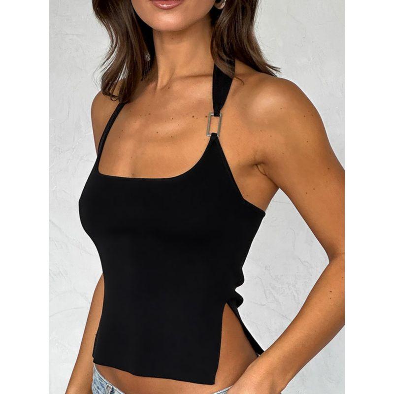 Shemoda Everyday Joker Hanging Collar Vest Women's Pure Color Silm Sexy Sexy Open Back Side Slit Short Top