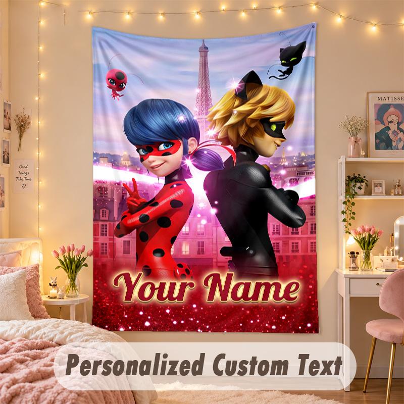 Custom Personalized Tapestry,Miraculous Ladybug Print Custom Name Text Wall Art Hanging for Bedroom