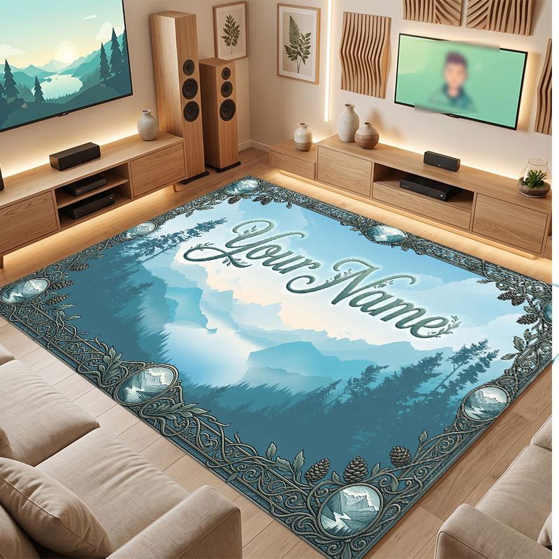Mountain Landscape Theme Crystal Velvet Floor Rug Personalized Custom Name Text Warm Carpet Home Decoration