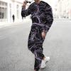 Men Black White Abstract Curve Line Print Long Sleeve Sweatshirt Jogger Pants Two Piece Suit