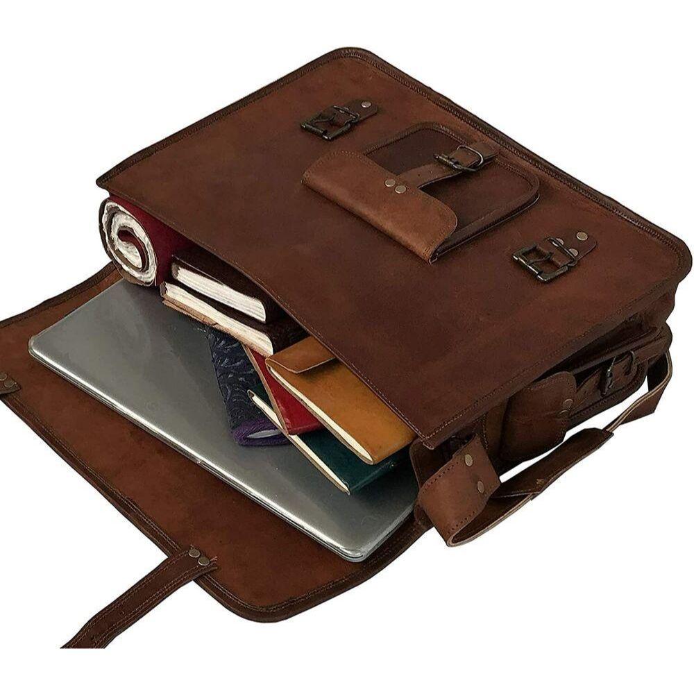 18 Inch Retro Goat Leather Laptop Messenger Bag Office Briefcase College Bags