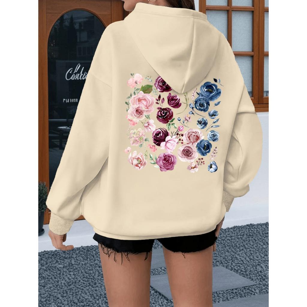 Watercolor Rose Print Women Hoody Vintage Loose Bohemia Wildflower Sweatshirt Long Sleeve Boho Plant Theme Female Hoodies