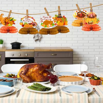 9 Stück Herbst Thanksgiving Waben Deko Papier Kürbis Ahornblatt Truthahn Tischdeko 3D Waben Stehend Tischaufsteller für Herbsternte Küche