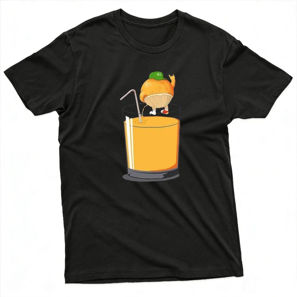 Funny Orange Fruit Drinking Orange Juice Cartoon Art Graphic T Shirt Unisex Casual Daily Wear Summer Short Sleeve Tee Tops