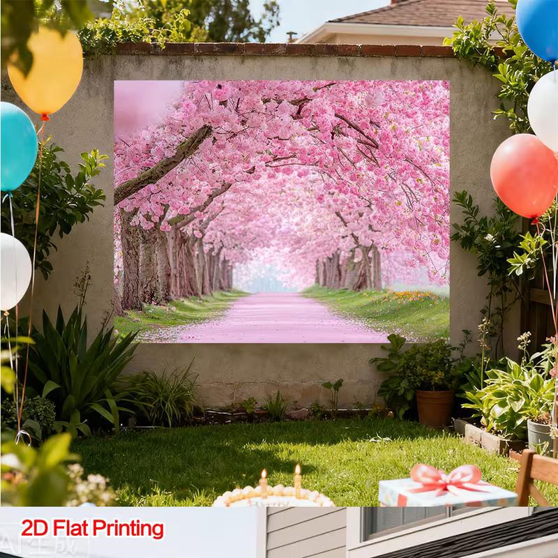 2D Flat Print Cherry Blossom Tapestry, Sakura Tree Tunnel Wall Backdrop for Photoshoot