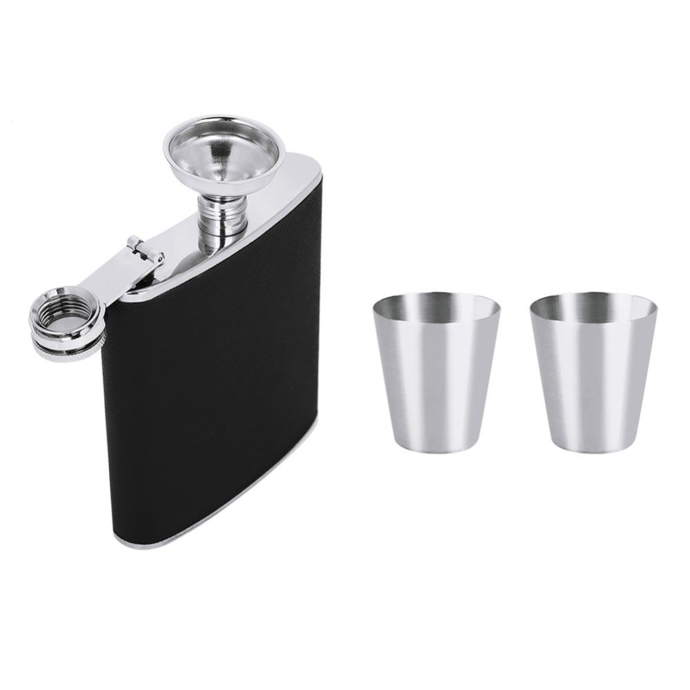 4 Piece Set Black Leather Hip Flask Stainless Steel Liquor Flask Portable Leather Flask  Camping