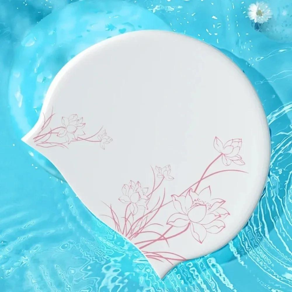 Womens Lotus Pattern Silicone Swim Cap Waterproof Unbreakable Design Long Hair Friendly With Ear Protection Soft Material