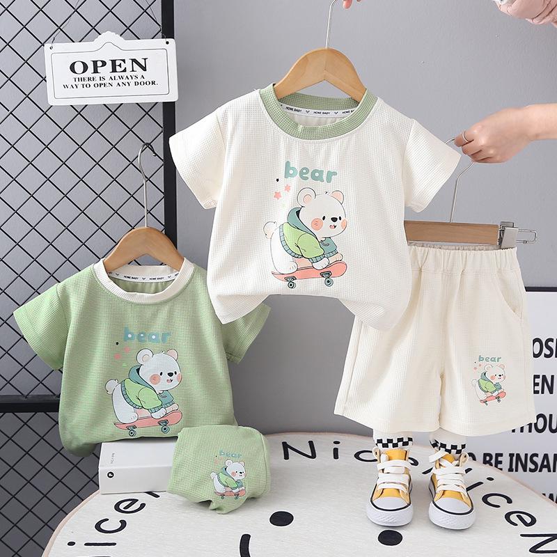 

2025 Baby Boy Summer Waffle Knit Crew Neck Set 80-120cm: 5-piece set грязно-белый