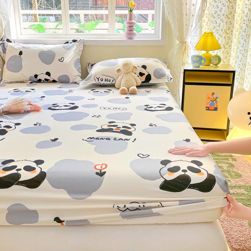 1pc Cotton Bed Sheet for Kids Panda Printed Cute Cartoon Style Fitted Bed Sheet with Elastic Band 360All-inclusive Bed Sheet