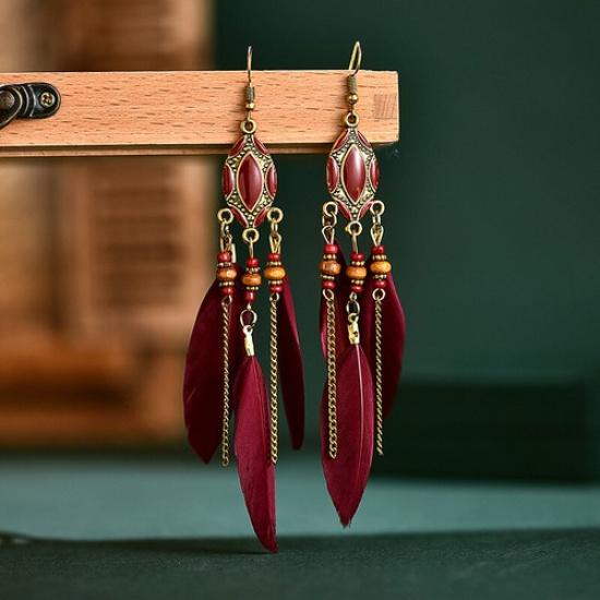Bohemia Tassel Feather Drop Dangle Earrings Ear Hook Womens Wedding Jewelry Gift