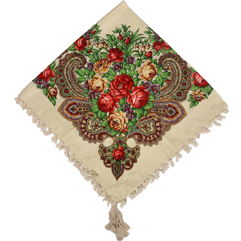 90*90cm Short Tassel Floral Print Russian Square Scarf Women Luxury Flower Printed Bandana Shawl Ukrainian Babushka Head Wraps