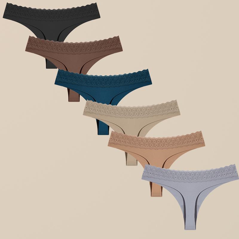 6Pcs Sexy Hollow Lace G-String Girl Underwear  Ladies Thongs Solid Seamless Soft Female Panties Low Waist Lingerie
