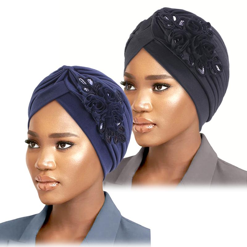 New Flower Decoration Turban Solid Color For Women Fashion Hair Wear Head Wrap Ladies Headwear Cancer Hats India Cap Bandana