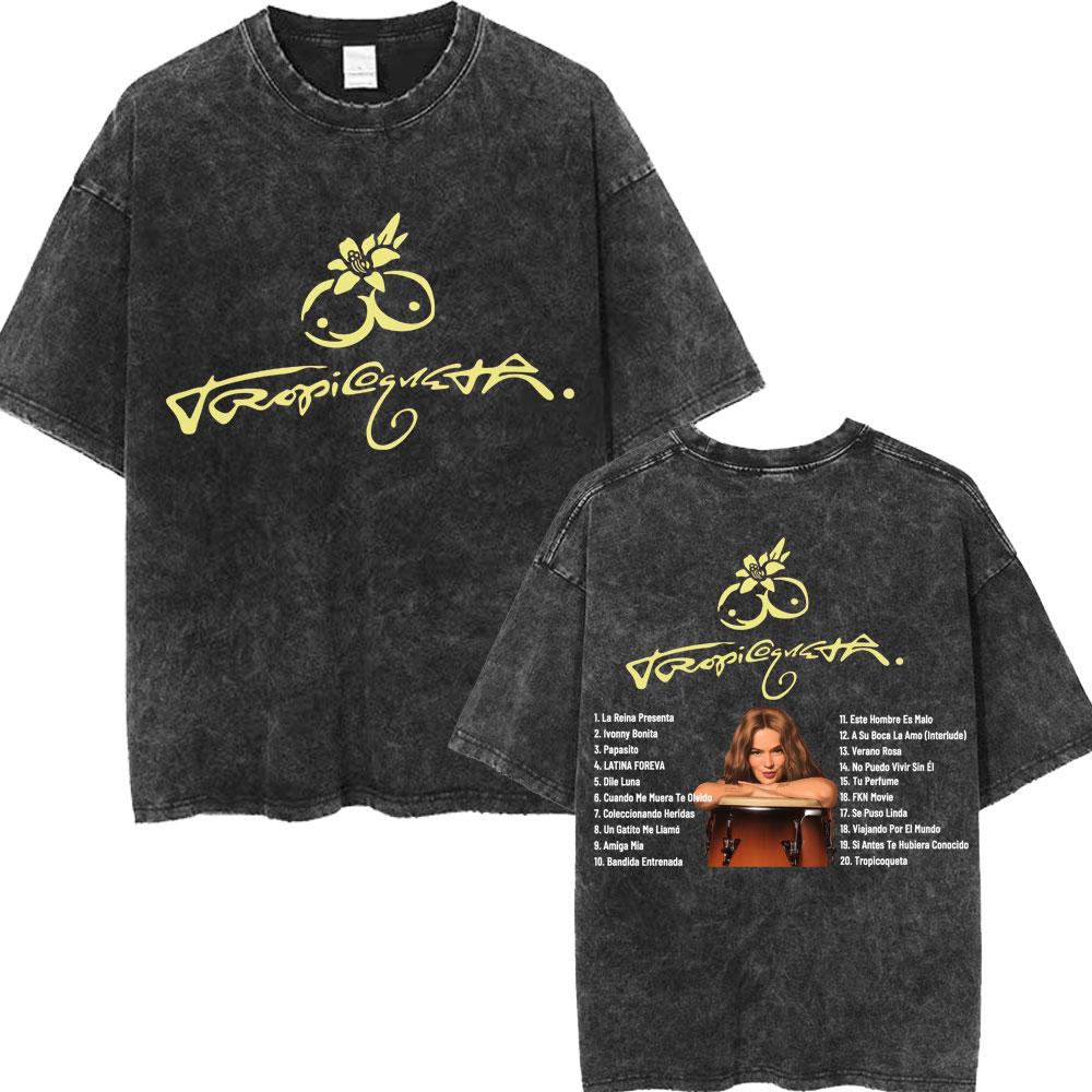 Karol G Tropicoqueta Album Latina Foreva Washed T Shirt Men Women Trendy Loose Tshirts Casual Cotton Retro Street T Shirts