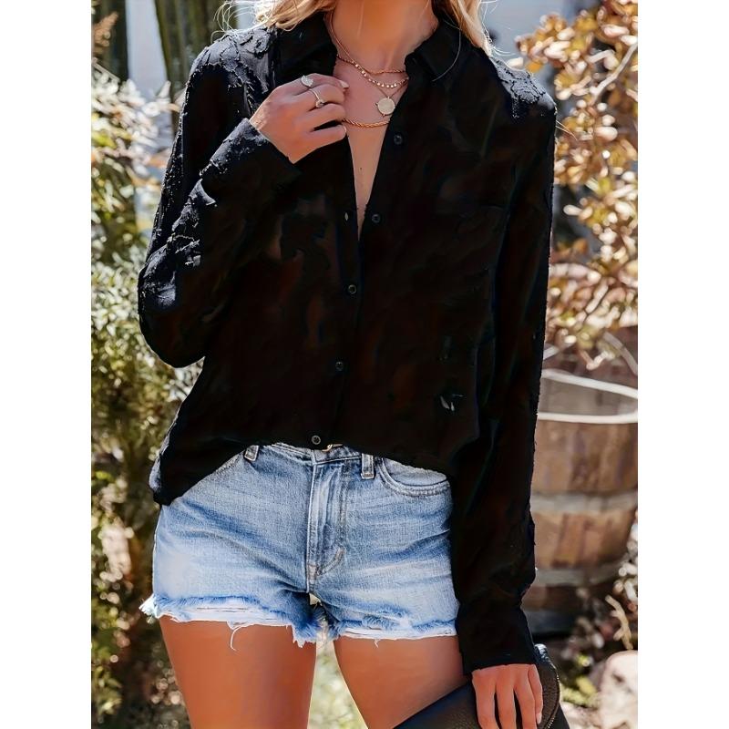 Blusa Feminina Elegante com Estampa Floral Lilás | Decote Chique com Abertura e Mangas Babados | Roupa Casual a Formal para Primavera/Verão/Outono