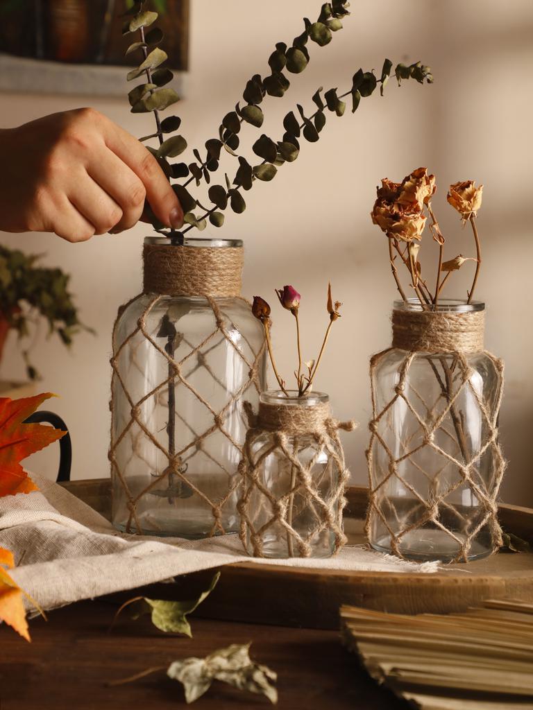 Rustic Hanging Glass Vase Rope Net Dry Flower Glass Vase with Art Hemp Rope  Home Transparent Living Room Decor Table Decoration