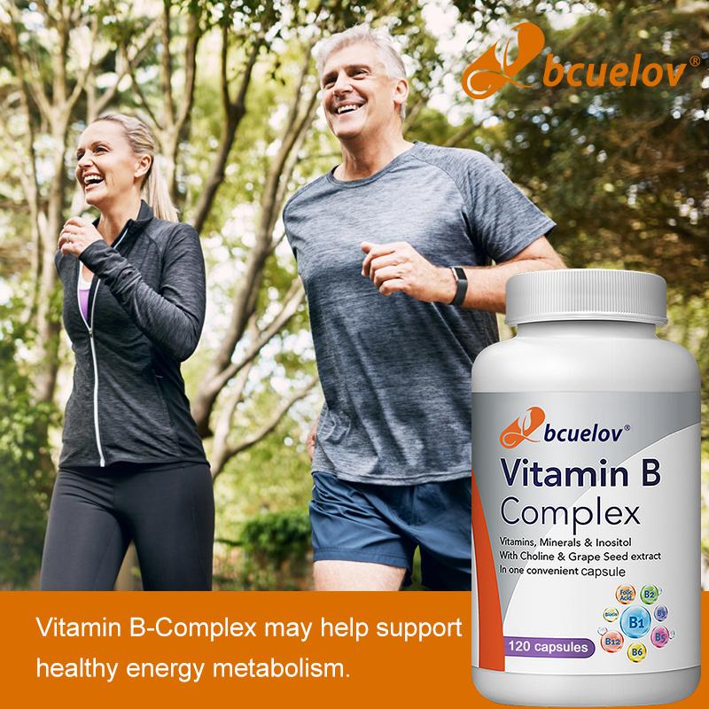 Bcuelov Complex Vitamin B Capsules Choline Grape Seeds Boost Energy 120 Vegetarian Capsules